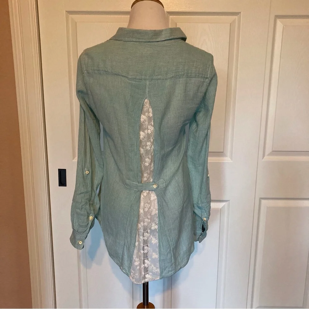 Isabella Sinclair Anthropology Green Long-sleeve Shirt S Lace Back Floral Cuff - Picture 3 of 7